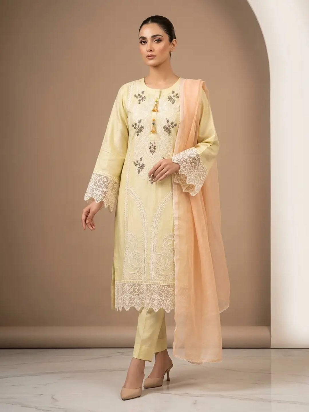 Citrus Blush – 3 Pcs Stitched Embroidered Cotton Suit with Chiffon Dupatta