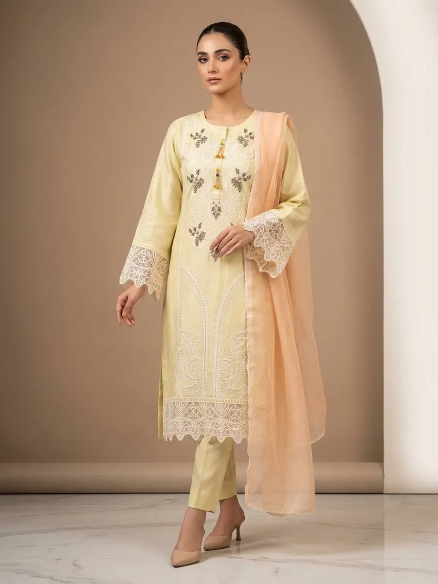Citrus Blush – 3 Pcs Stitched Embroidered Cotton Suit with Chiffon Dupatta
