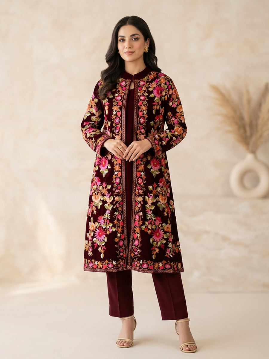Crimson Gulzar – Stitched Heavy Embroidered Shamoz Silk Gown Set