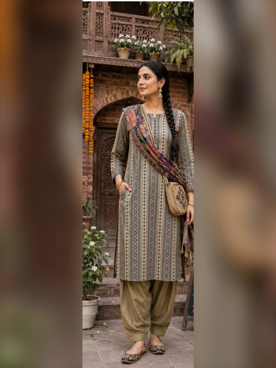 Haveli Charm – 3 Pcs Unstitched Digital Print Khaddar Suit