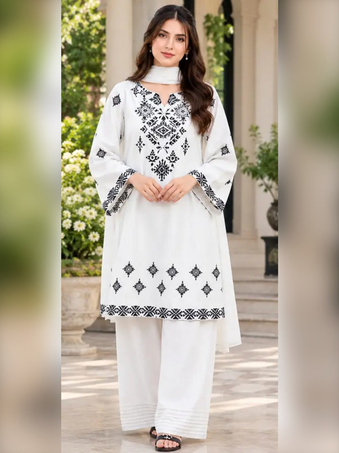 Ivory Elegance – 3 Pcs Unstitched Embroidered Lawn Suit with Organza Dupatta