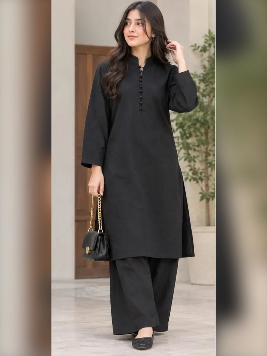 Linen Muse – 2 Pcs Stitched Plain Linen Shirt & Trouser with Ban Collar