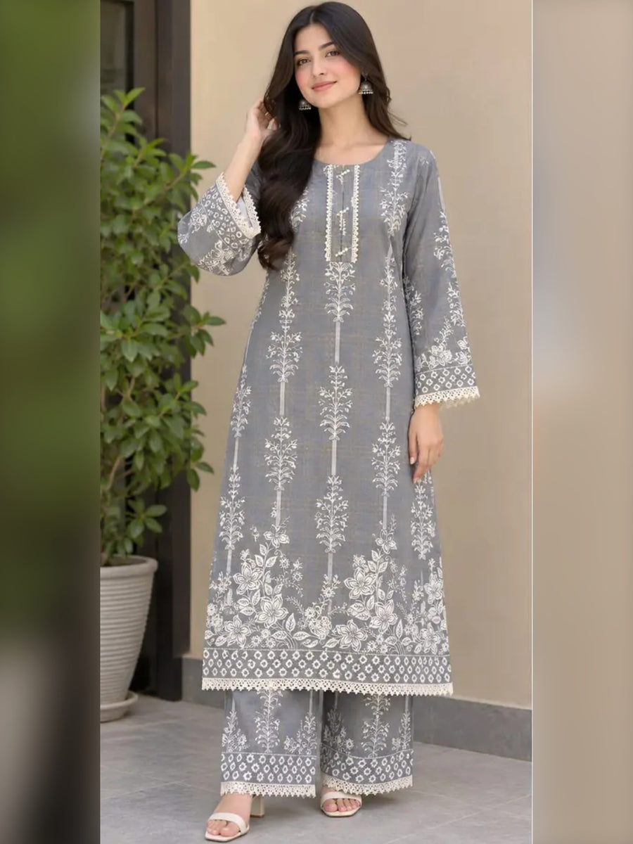 Silver Vine – 2 Pcs Stitched Block Printed Linen Shirt & Trouser